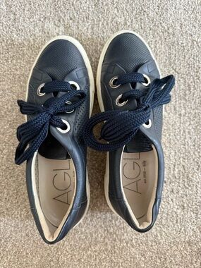 AGL Navy Leather Perforated Lace-Up Sneakers with White Sole